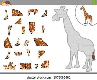 Cartoon Illustration of Educational Jigsaw Puzzle Game for Children with Giraffe Animal Character