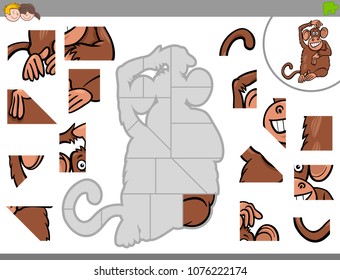 Cartoon Illustration of Educational Jigsaw Puzzle Game for Children with Monkey Animal Character
