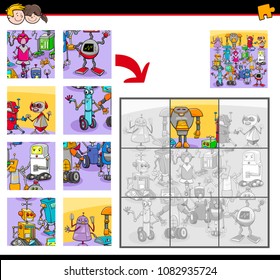 Cartoon Illustration of Educational Jigsaw Puzzle Activity Game for Children with Robots Fantasy Characters