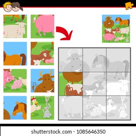 Cartoon Illustration of Educational Jigsaw Puzzle Activity Game for Children with Comic Farm Animals Group