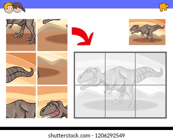 Cartoon Illustration of Educational Jigsaw Puzzle Activity Game for Children with Tyrannosaurus Dinosaur Animal Character