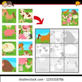 Cartoon Illustration of Educational Jigsaw Puzzle Activity Game for Children with Farm Animals