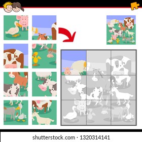 Cartoon Illustration of Educational Jigsaw Puzzle Game for Kids with Farm Animals