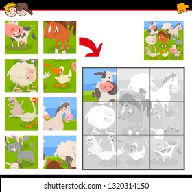 Cartoon Illustration of Educational Jigsaw Puzzle Game for Kids with Farm Animals Group