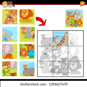 Cartoon Illustration of Educational Jigsaw Puzzle Game for Children with Happy Wild Animals Group