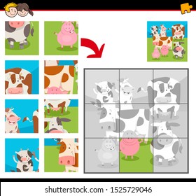 Cartoon Illustration of Educational Jigsaw Puzzle Game for Children with Happy Cows and Pigs Farm Animal Characters Group