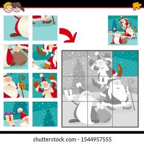 Cartoon Illustration of Educational Jigsaw Puzzle Game for Children with Happy Santa Claus Christmas Holiday Characters Group