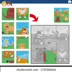 Cartoon Illustration of Educational Jigsaw Puzzle Game for Kids with Happy Dogs Animal Characters Group