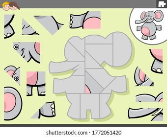 Cartoon Illustration of Educational Jigsaw Puzzle Game for Children with Elephant Animal Character