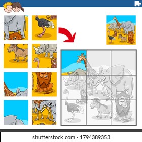 Cartoon Illustration of Educational Jigsaw Puzzle Task for Children with Wild African Animal Characters Group