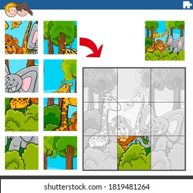 Cartoon Illustration of Educational Jigsaw Puzzle Game for Children with Funny Wild Animal Characters Group