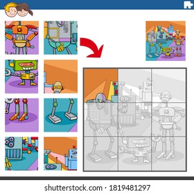 Cartoon Illustration of Educational Jigsaw Puzzle Game for Children with Funny Robots Characters Group