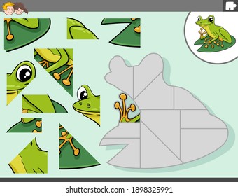 Cartoon Illustration Of Educational Jigsaw Puzzle Game For Children With Green Frog Animal Character