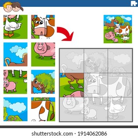 Cartoon illustration of educational jigsaw puzzle game for kids with funny farm animal characters