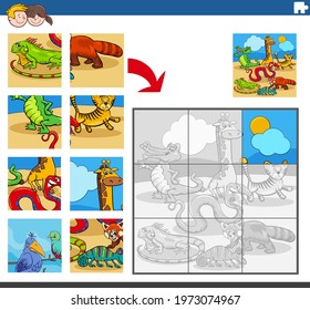 Cartoon illustration of educational jigsaw puzzle game for children with wild animal characters