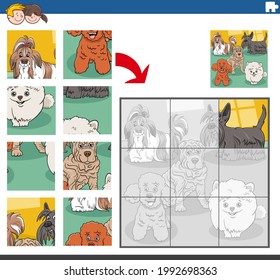 Cartoon illustration of educational jigsaw puzzle game for children with purebred dogs animal characters