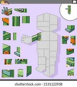 Cartoon illustration of educational jigsaw puzzle game for children with funny robot character