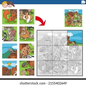 Cartoon illustration of educational jigsaw puzzle game for children with funny animal characters group
