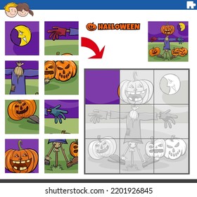 Cartoon illustration of educational jigsaw puzzle game with jack o'lantern character on Halloween time