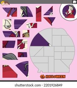 Cartoon illustration of educational jigsaw puzzle game for children with vampire character on Halloween time