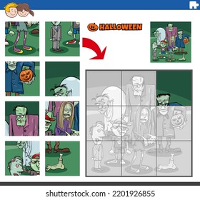 Cartoon illustration of educational jigsaw puzzle game with zombie characters on Halloween time