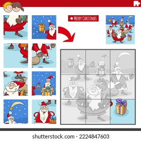 Cartoon illustration of educational jigsaw puzzle game for children with Santa Clauses characters on Christmas time