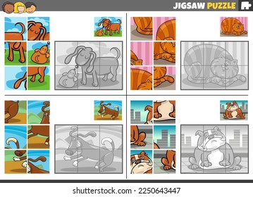Cartoon illustration of educational jigsaw puzzle games set with funny cat and dogs animal characters