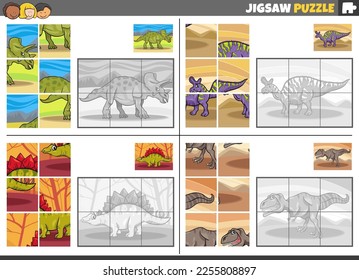 Cartoon illustration of educational jigsaw puzzle games set with dinosaurs prehistoric animal characters svg