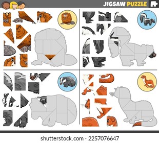 Cartoon illustration of educational jigsaw puzzle games set with wild mammal characters