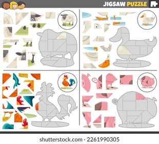 Cartoon illustration of educational jigsaw puzzle games set with cute farm animal characters