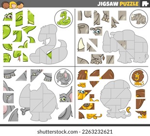 Cartoon illustration of educational jigsaw puzzle games set with funny animal characters