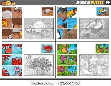 Cartoon illustration of educational jigsaw puzzle games set with funny animal characters