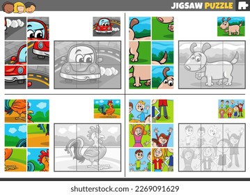 Cartoon illustration of educational jigsaw puzzle games set with funny characters