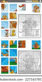 Cartoon illustration of educational jigsaw puzzle games set with funny dogs animal characters