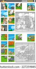 Cartoon illustration of educational jigsaw puzzle games set with funny dogs and cats characters