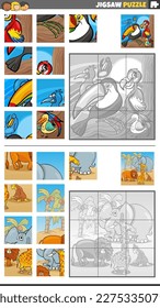 Cartoon illustration of educational jigsaw puzzle games set with funny animal characters