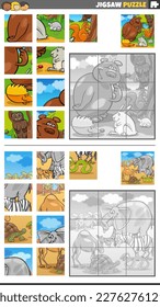 Cartoon illustration of educational jigsaw puzzle games set with funny wild animals characters