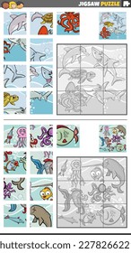 Cartoon illustration of educational jigsaw puzzle games set with funny marine animals characters