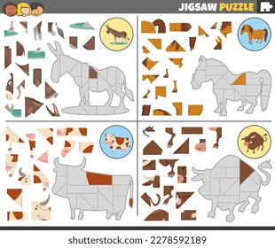 Cartoon illustration of educational jigsaw puzzle games set with funny farm animals characters
