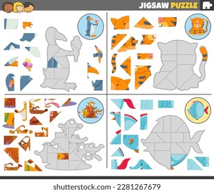 Cartoon illustration of educational jigsaw puzzle games set with funny animal characters