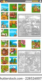 Cartoon illustration of educational jigsaw puzzle games set with farm animals and dogs characters group