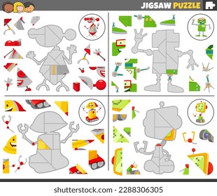 Cartoon illustration of educational jigsaw puzzle games set with funny robots characters