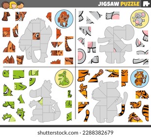 Cartoon illustration of educational jigsaw puzzle games set with funny animal characters