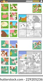 Cartoon illustration of educational jigsaw puzzle games set with farm animals characters group