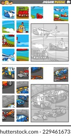 Cartoon illustration of educational jigsaw puzzle games set with vehicles transport characters group