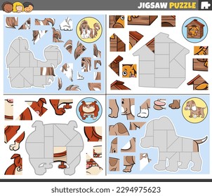Cartoon illustration of educational jigsaw puzzle games set with dogs animal characters
