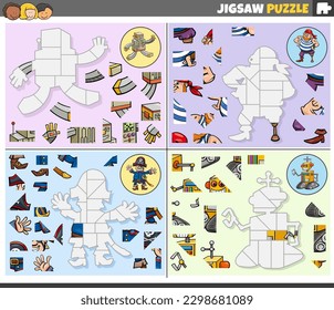 Cartoon illustration of educational jigsaw puzzle games set with robots and pirates characters