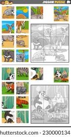 Cartoon illustration of educational jigsaw puzzle games set with wild animal characters group svg