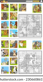 Cartoon illustration of educational jigsaw puzzle activities set with purebred dogs animal characters group