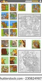 Cartoon illustration of educational jigsaw puzzle activities set with cats and dogs animal characters